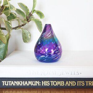 Small Handblown Textured Iridescent Blue Glass Oil Lamp, Signed Jan Benda